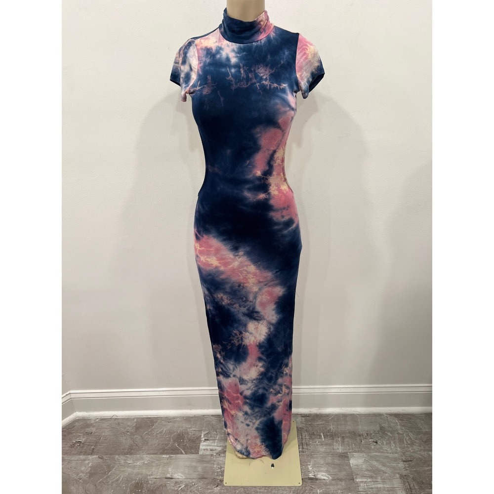 Monaco USA Maxi Dress Womens Medium Pink Blue Tie Dye Backless Turtleneck